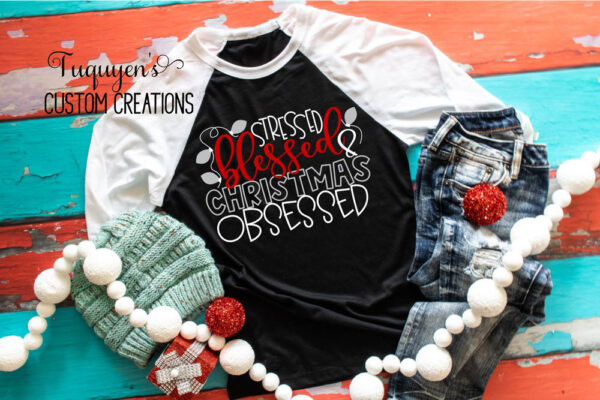 Stressed Blessed and Christmas Obsessed Raglan Baseball Shirt for Adults