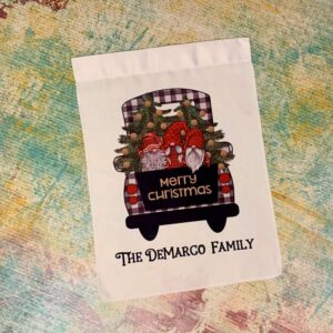 Christmas Gnomes in Buffalo Plaid Truck Garden Flag