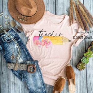 Teacher with Watercolor Floral Pencil Adult Teacher T-Shirt