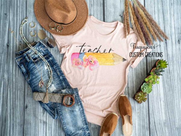Teacher with Watercolor Floral Pencil Adult Teacher T-Shirt