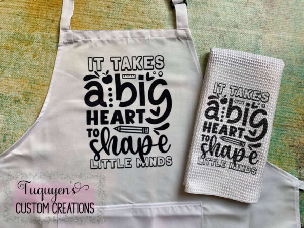 It Takes a Big Heart to Shape Little Minds Apron and Kitchen Towel Gift Bundle for Teachers