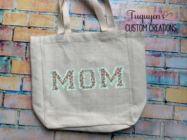 Customized Leopard Print and Faux Teal Glitter Mom Mama Grandma Linen Reusable Tote Bag