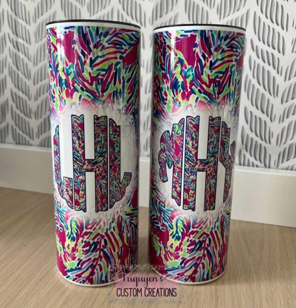 Monogrammed Pink Palms Insulated 20 oz. Tumbler with Lid and Straw