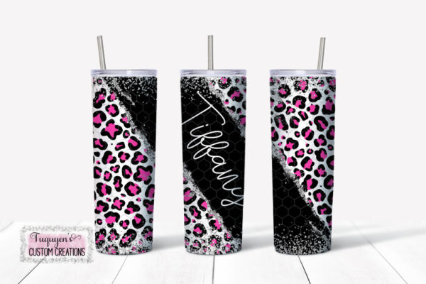 Personalized Pink & Black Leopard Print Silver Glitter Insulated 20 oz. Tumbler with Lid and Straw